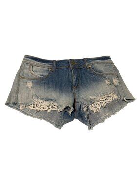 Almost Famous Premium Distressed Denim Shorts W/Lace Trim Size 7 Blue